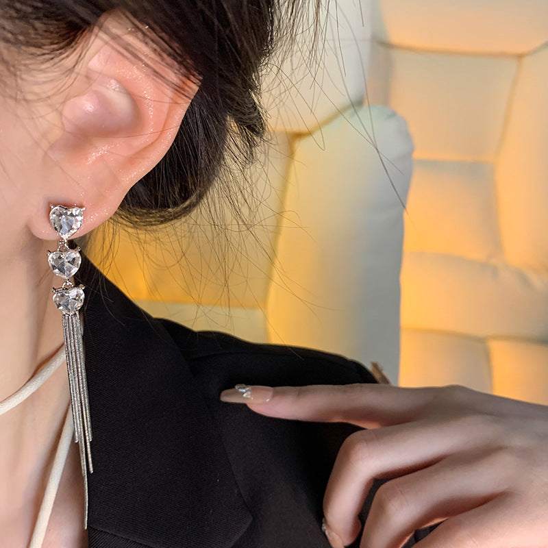 Earring Stud Long Versatile Temperament Tassel Diamond Heart XLA1632