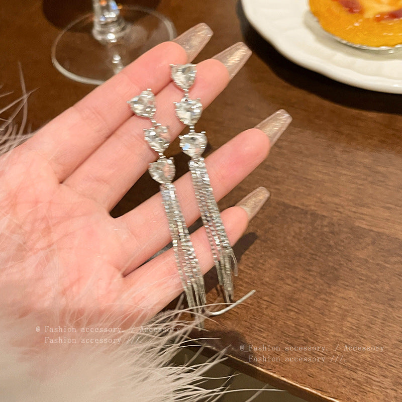 Earring Stud Long Versatile Temperament Tassel Diamond Heart XLA1632