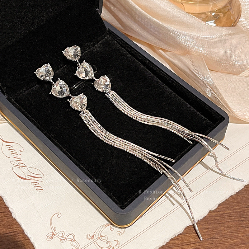 Earring Stud Long Versatile Temperament Tassel Diamond Heart XLA1632