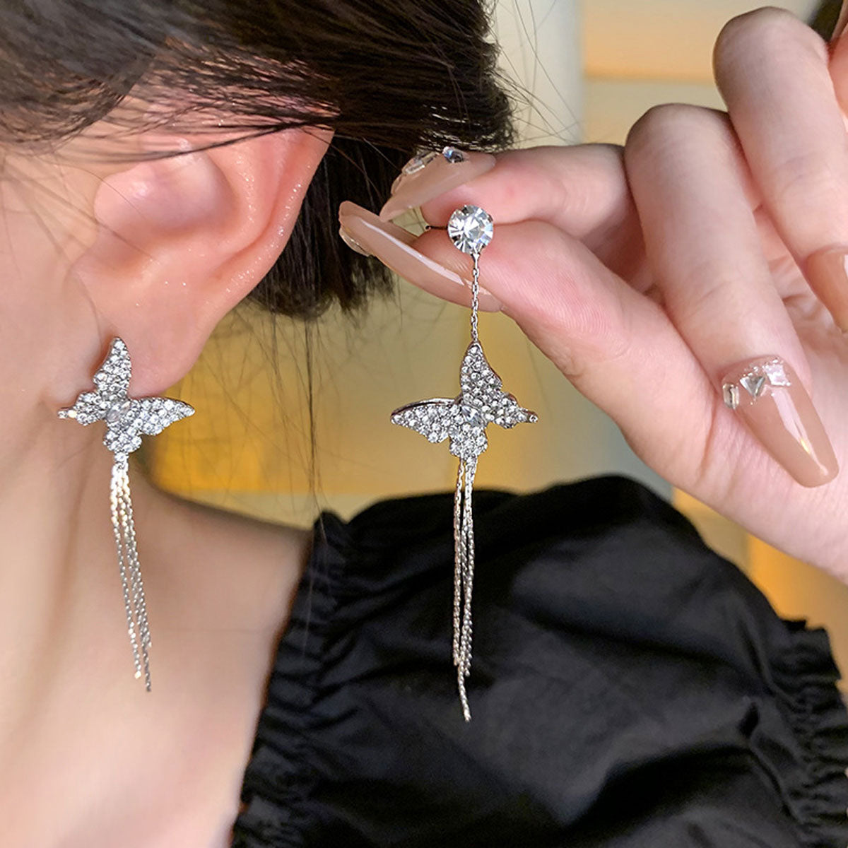 Earring Stud Long Light Luxury Niche Tassel Butterfly Zircon XLA1633