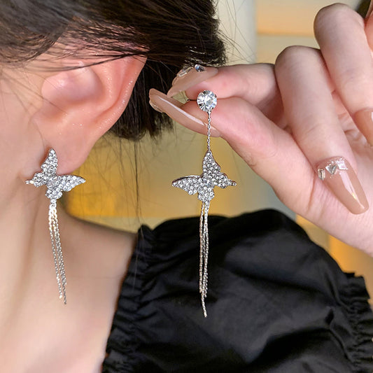 Earring Stud Long Light Luxury Niche Tassel Butterfly Zircon XLA1633