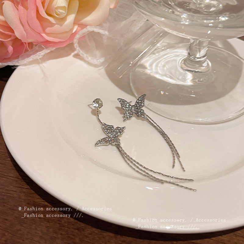 Earring Stud Long Light Luxury Niche Tassel Butterfly Zircon XLA1633
