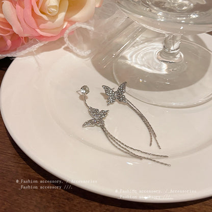Earring Stud Long Light Luxury Niche Tassel Butterfly Zircon XLA1633