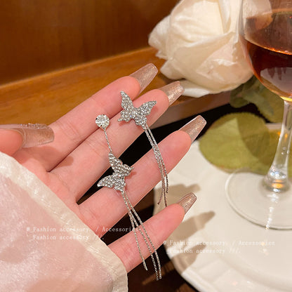 Earring Stud Long Light Luxury Niche Tassel Butterfly Zircon XLA1633