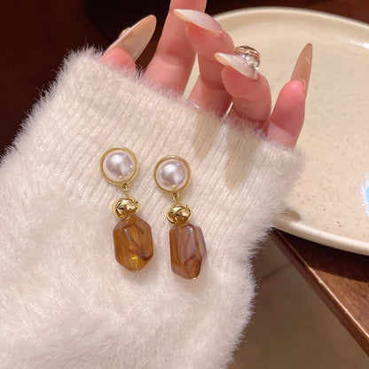 Earring Stud Long Pearl Coffee Color Geometric XLA1979