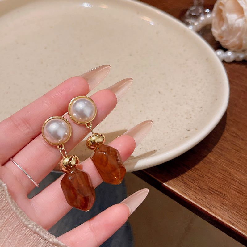 Earring Stud Long Pearl Coffee Color Geometric XLA1979