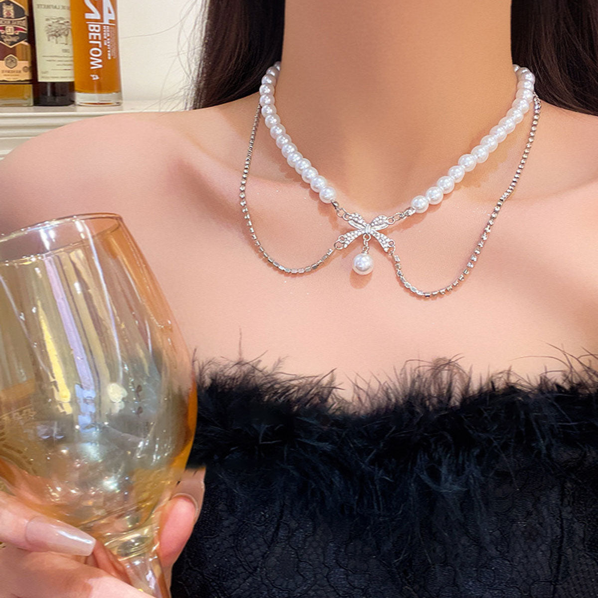 Necklace Double Layered Bow Temperament Pearl Clavicle XNX1642
