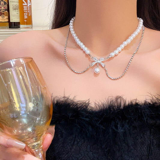 Necklace Double Layered Bow Temperament Pearl Clavicle XNX1642