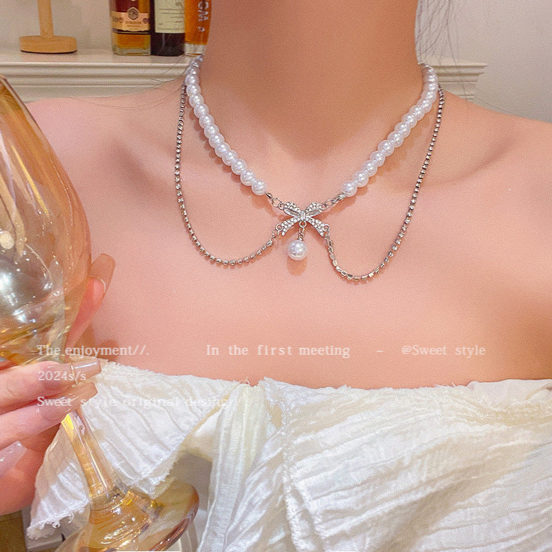 Necklace Double Layered Bow Temperament Pearl Clavicle XNX1642