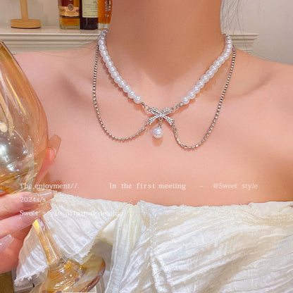 Necklace Double Layered Bow Temperament Pearl Clavicle XNX1642