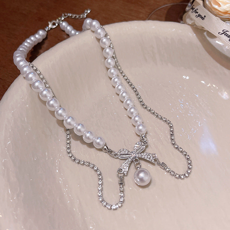 Necklace Double Layered Bow Temperament Pearl Clavicle XNX1642