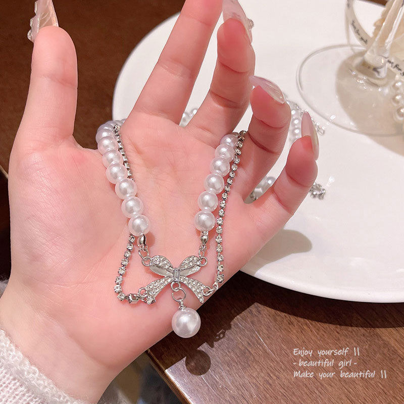 Necklace Double Layered Bow Temperament Pearl Clavicle XNX1642
