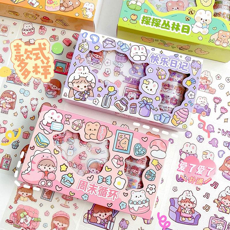 Sticker Roll Set Stiker Momo Korea Box Isi 9 Lembar 5 Tape Karakter Kartun 2D Dekorasi Scrapbook