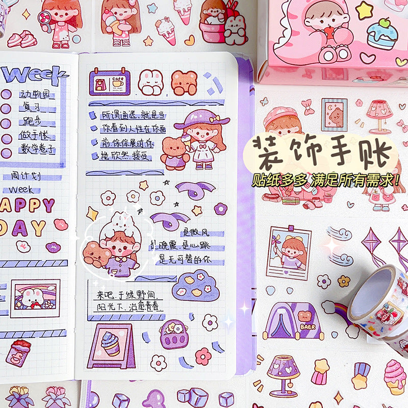 Sticker Roll Set Stiker Momo Korea Box Isi 9 Lembar 5 Tape Karakter Kartun 2D Dekorasi Scrapbook