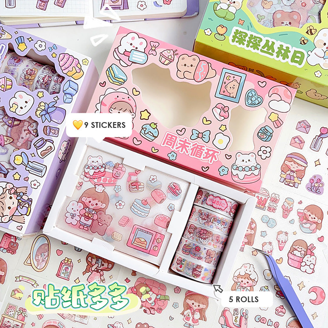 Sticker Roll Set Stiker Momo Korea Box Isi 9 Lembar 5 Tape Karakter Kartun 2D Dekorasi Scrapbook