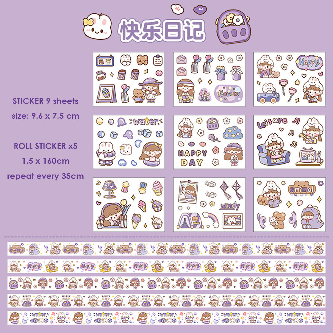 Sticker Roll Set Stiker Momo Korea Box Isi 9 Lembar 5 Tape Karakter Kartun 2D Dekorasi Scrapbook