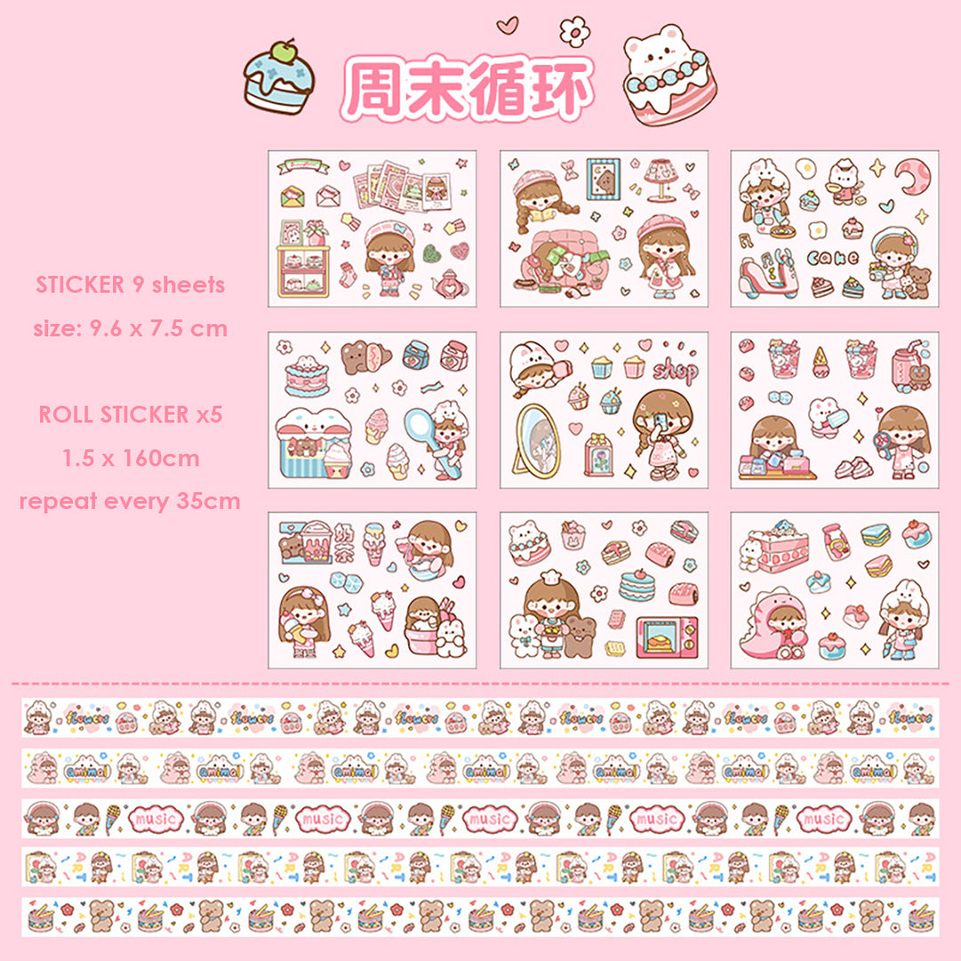 Sticker Roll Set Stiker Momo Korea Box Isi 9 Lembar 5 Tape Karakter Kartun 2D Dekorasi Scrapbook