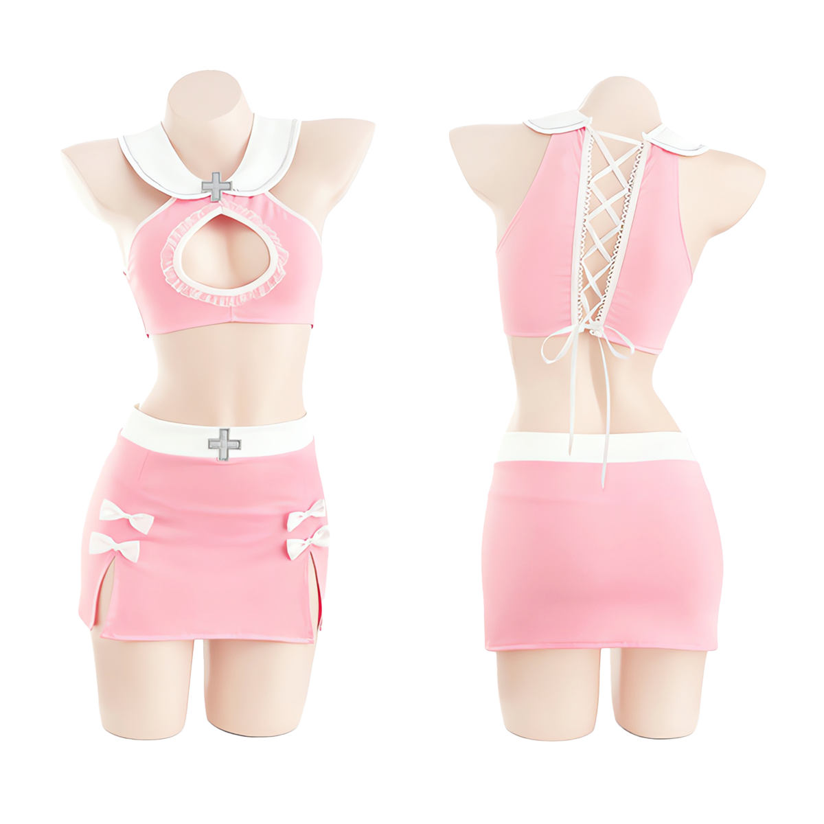 Lingerie Costume Nurse Two Pieces Open Center Chest Strings Back ZU6837