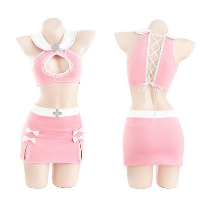 Lingerie Costume Nurse Two Pieces Open Center Chest Strings Back ZU6837