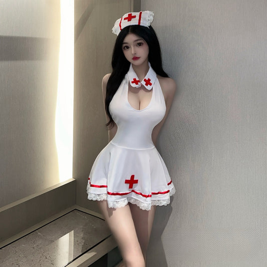 Lingerie Costume Nurse Babydoll Open Back Halter Neck ZUA078