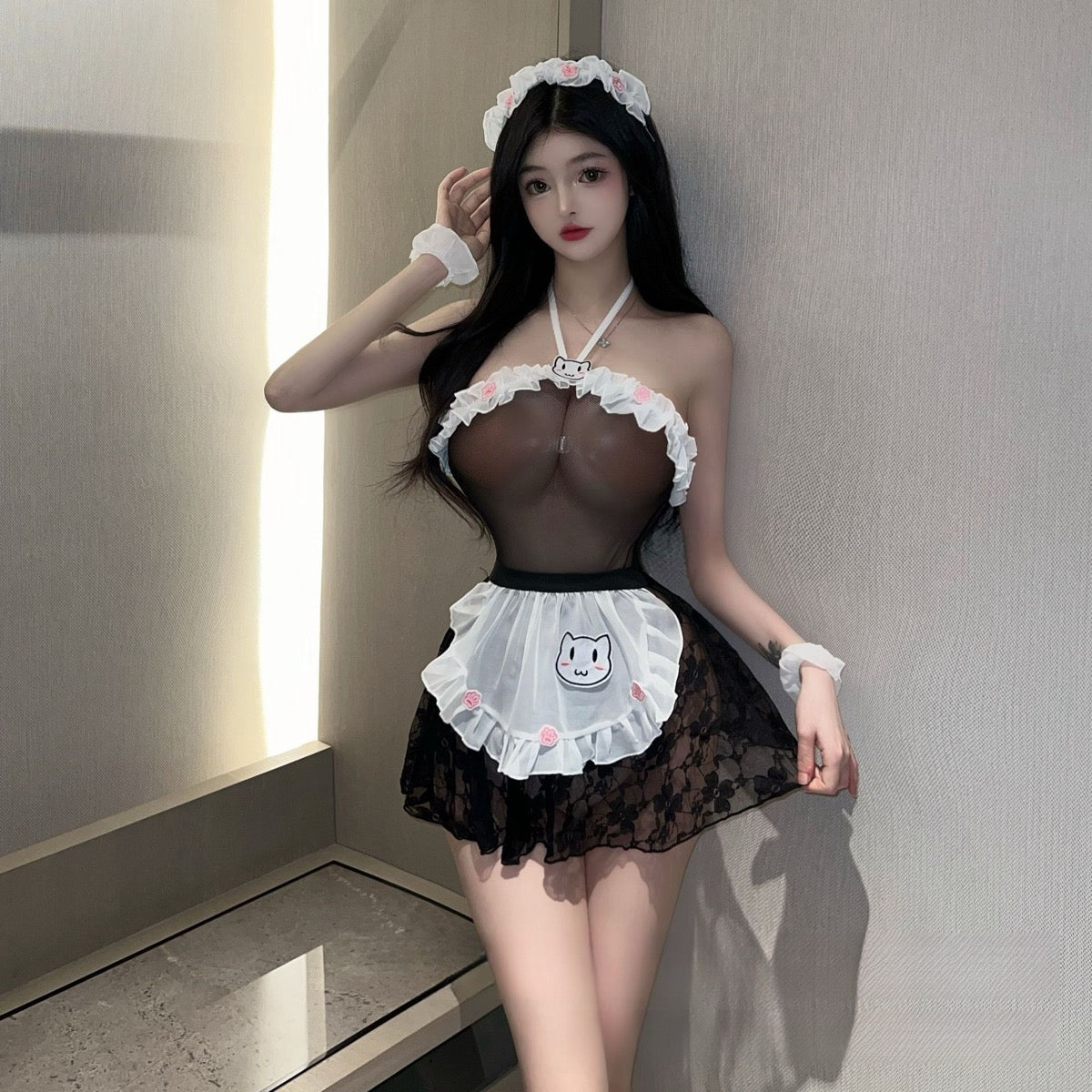 Lingerie Costume Maid Babydoll Top Lace Big Knot Back Halter ZUP108