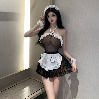 Lingerie Costume Maid Babydoll Top Lace Big Knot Back Halter ZUP108