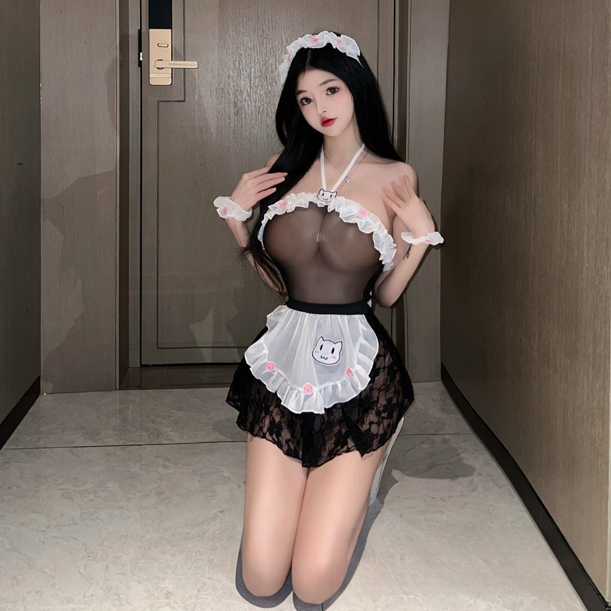 Lingerie Costume Maid Babydoll Top Lace Big Knot Back Halter ZUP108