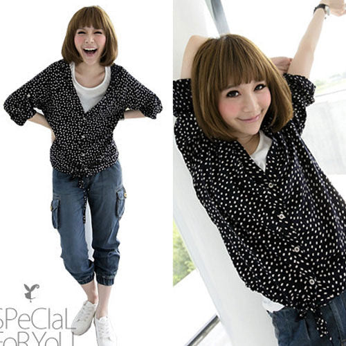 Shirt Dots Hooded Two Piece Korean