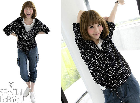 Shirt Dots Hooded Two Piece Korean