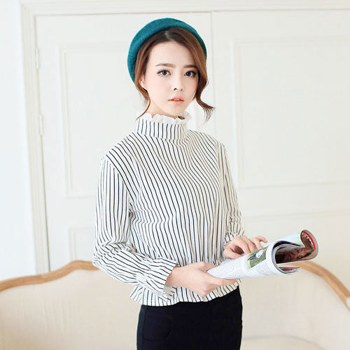 Striped Long Sleeved High Neck Collar Blouse