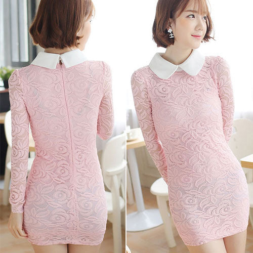 Lace Long Sleeved Collar Slim Dress