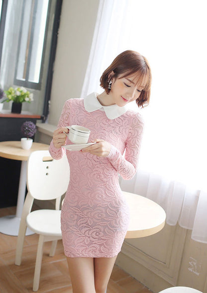 Lace Long Sleeved Collar Slim Dress