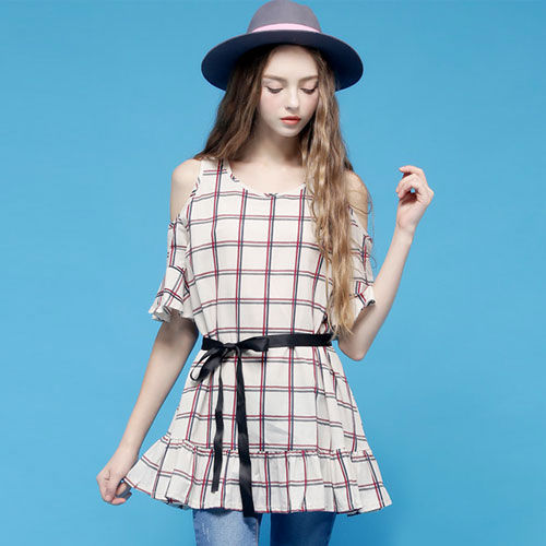 Shirt Plaid Short Sleeved Dew Shoulder Lotus