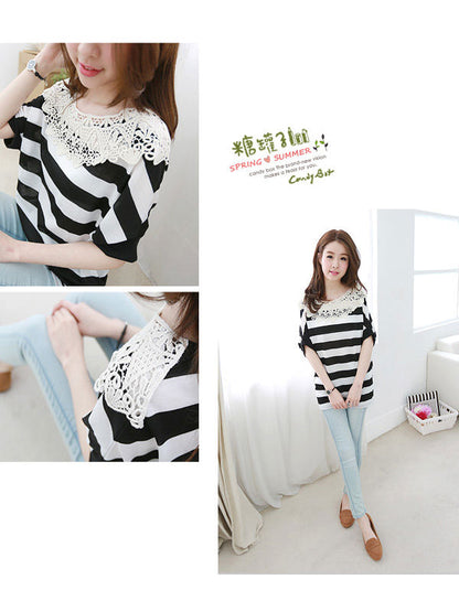 Striped Bat Sleeved Lace Collar T-Shirt