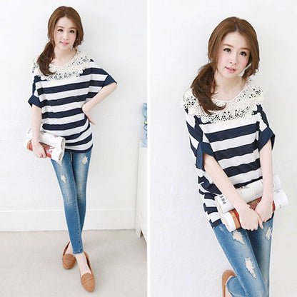 Striped Bat Sleeved Lace Collar T-Shirt