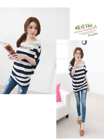 Striped Bat Sleeved Lace Collar T-Shirt