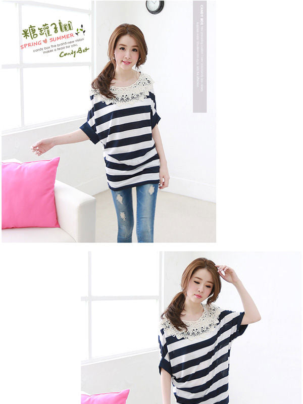 Striped Bat Sleeved Lace Collar T-Shirt