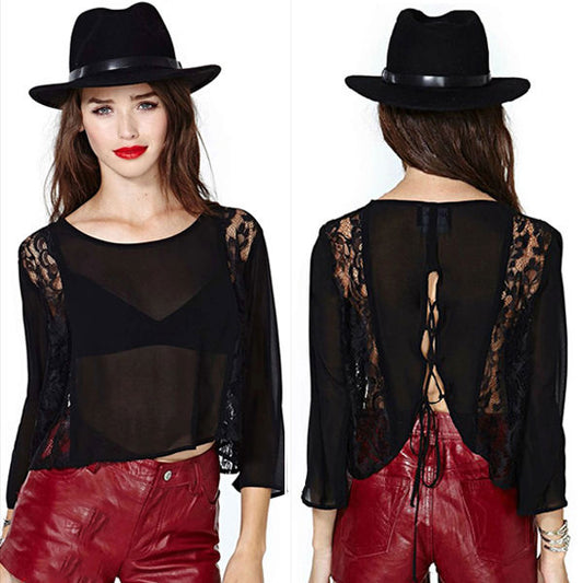 Shirt Long Sleeved Tie Back Chiffon Lace