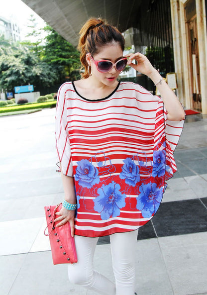 Top Striped Flower Bat Sleeved Loose