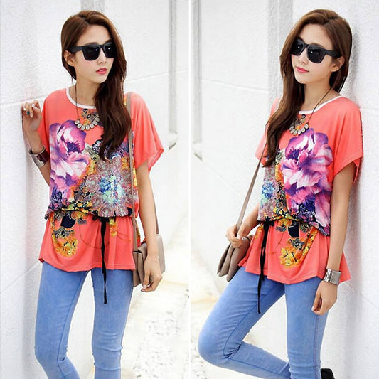 T-Shirt Flower Bat Sleeved Loose