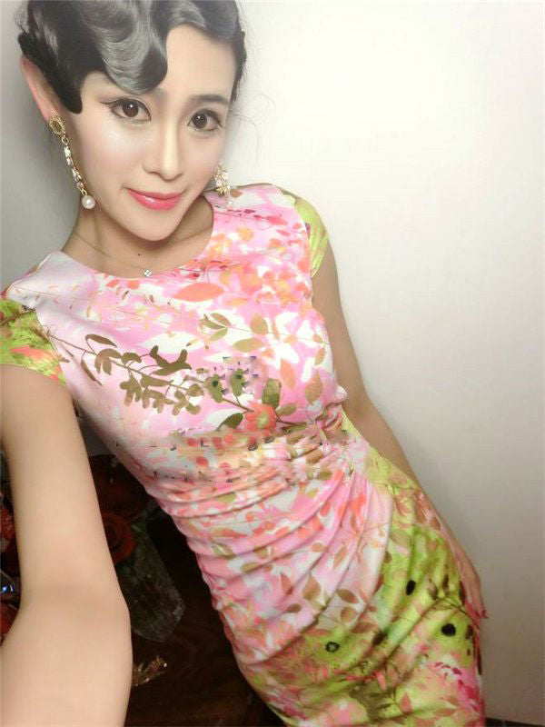 Pink Flower Short Sleeved Modern Slim Dress