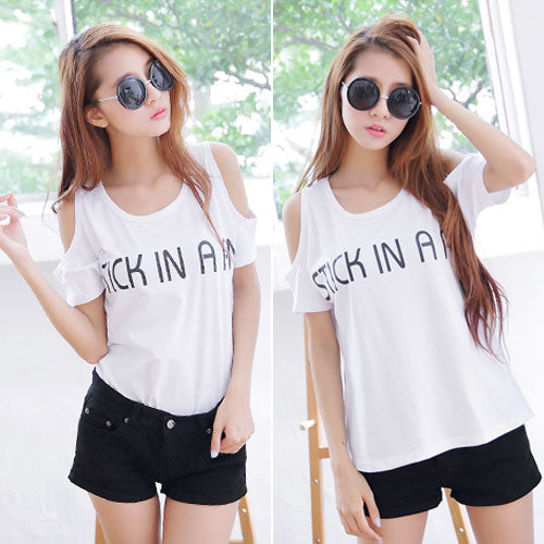 T-Shirt Letters Short Sleeved Dew Shoulder