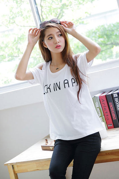 T-Shirt Letters Short Sleeved Dew Shoulder