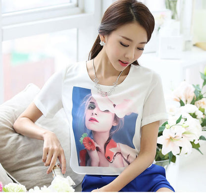 T-Shirt Lady Short Sleeved Korean Chiffon