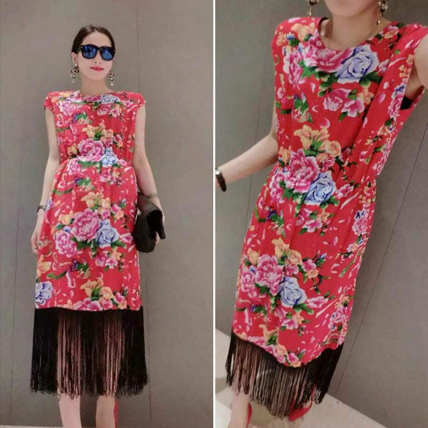 Flower Sleeveless Fringed Bottom Dress