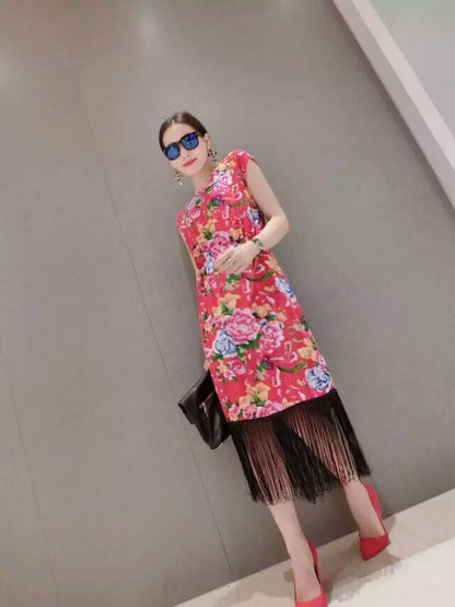 Flower Sleeveless Fringed Bottom Dress