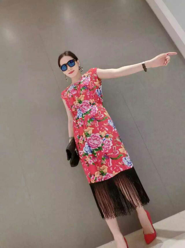 Flower Sleeveless Fringed Bottom Dress