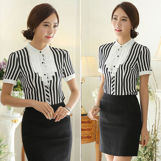 Blouse Striped Short Sleeved High Neck Korean