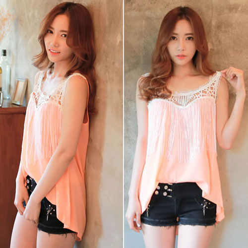 Shirt Sleeveless Lace Fringed Collar Chiffon Tail