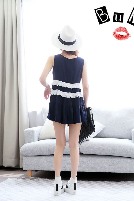 Shirt Blue Sleeveless Tassel Summer